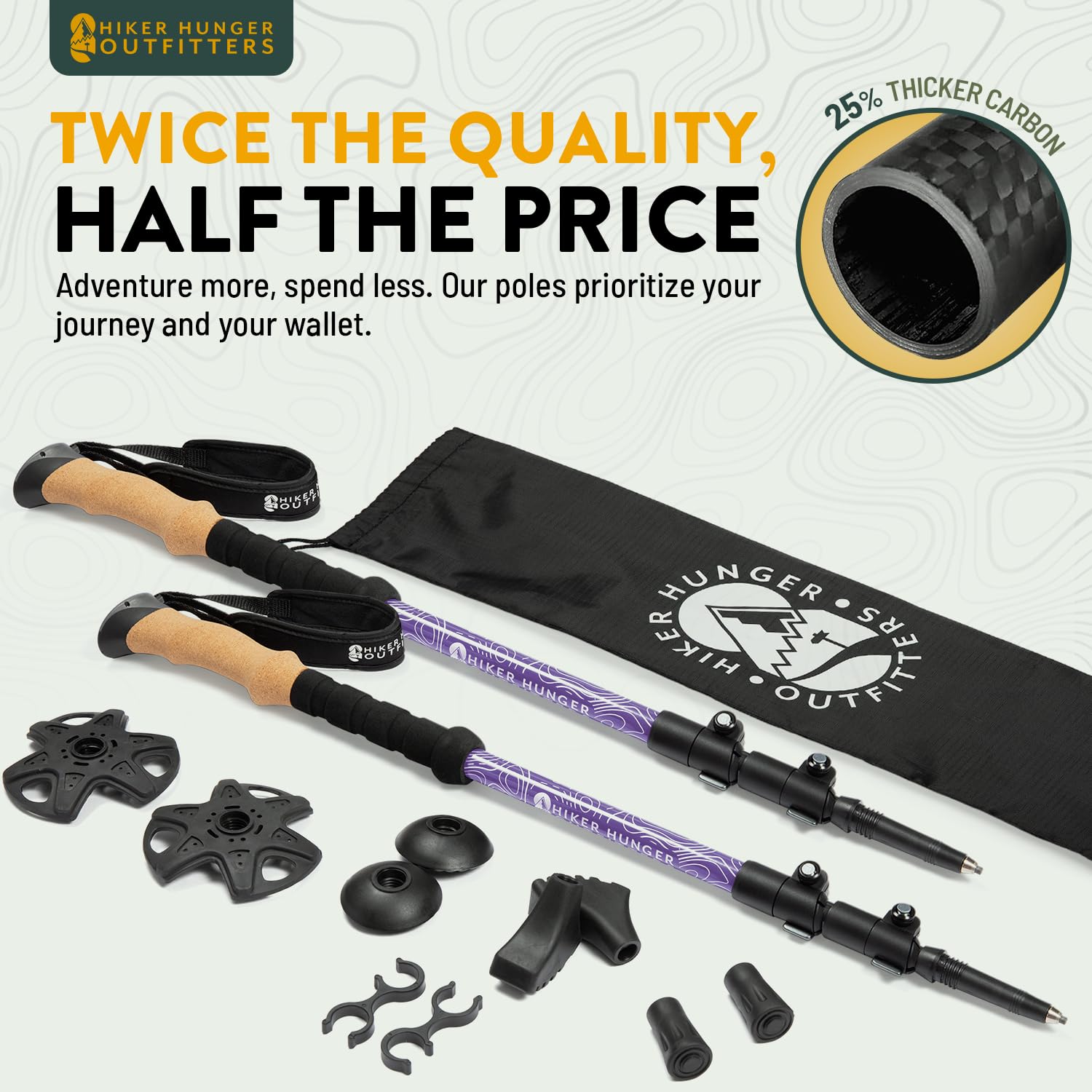 Hiker Hunger carbon fiber hiking poles extended to 55 inches for tall hikers.