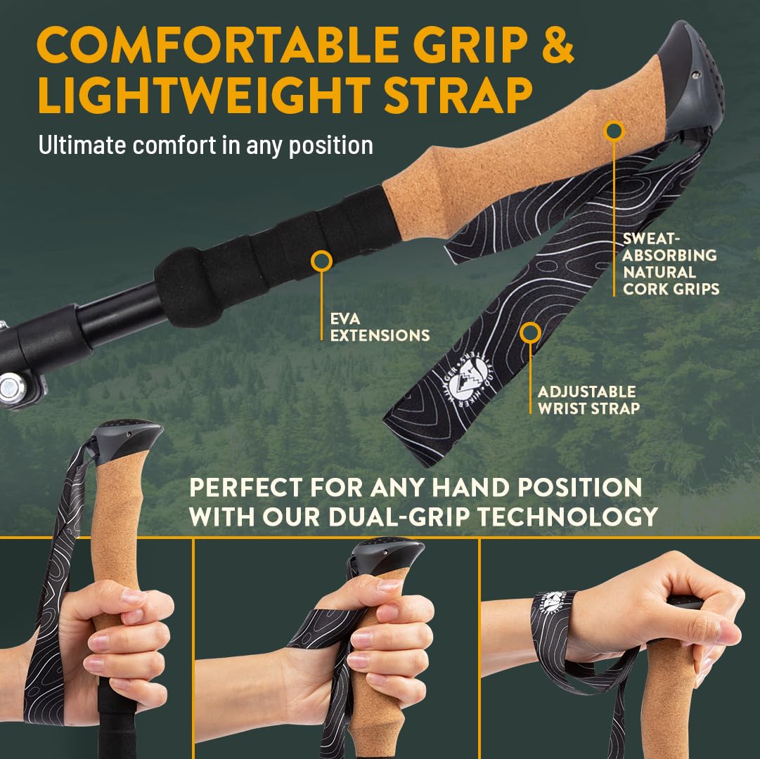 Hiker Hunger Outfitters folding trekking poles grips cork-foam for comfortable grip.