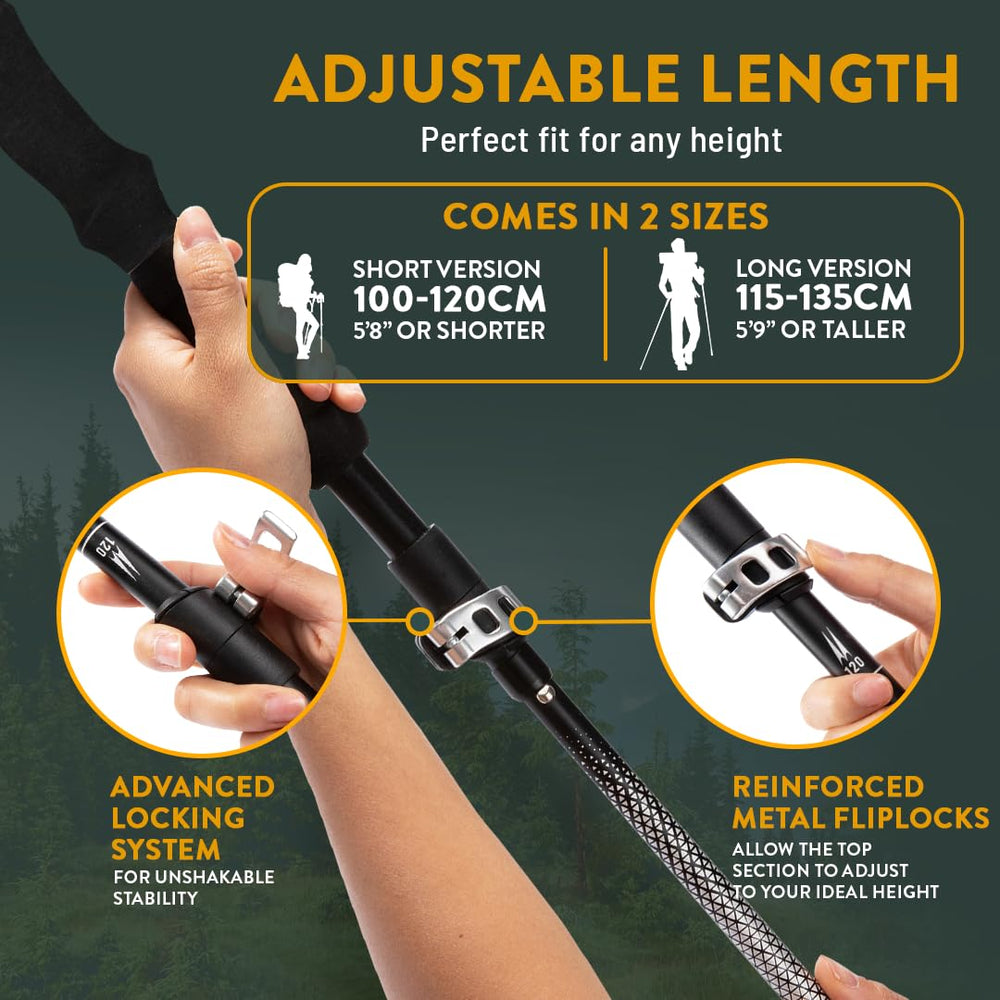 Hiker Hunger Outfitters metal flip locks provide quick length changes on rugged trails.