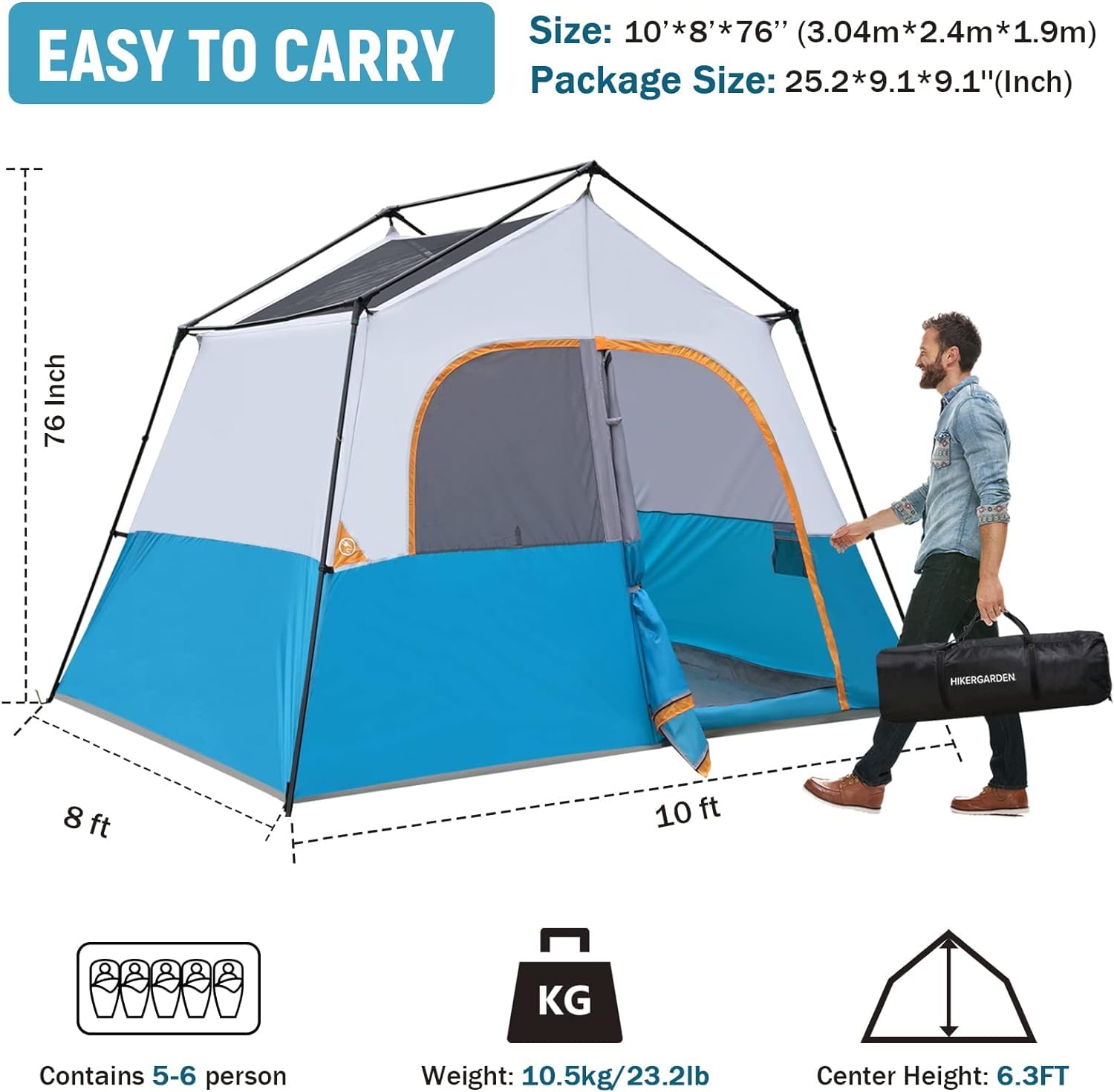 HIKERGARDEN 6-person tent exterior demonstrates waterproof windproof performance for outdoor comfort.