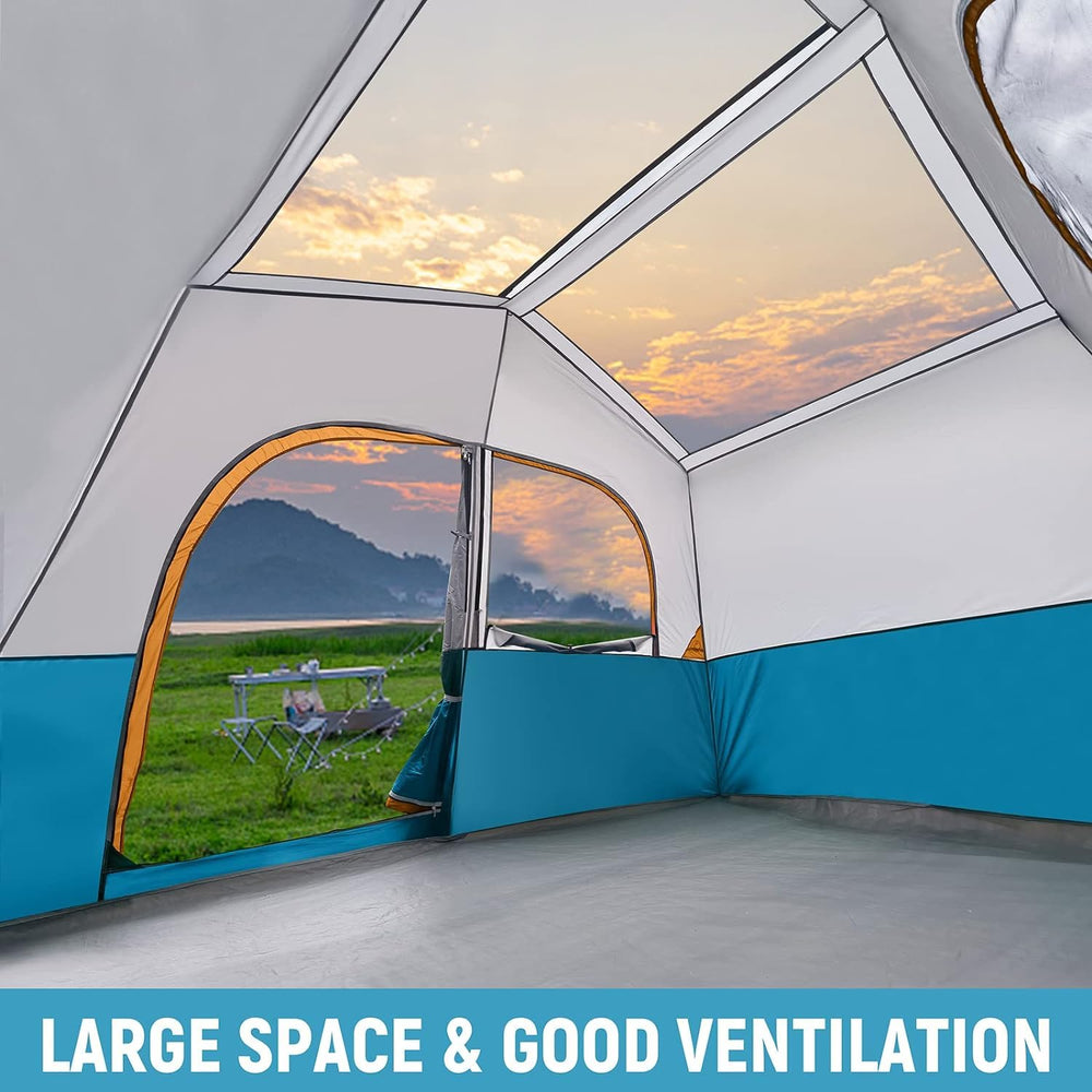 HIKERGARDEN 6-person tent with steel poles reveals a durable, stable frame in windy conditions.