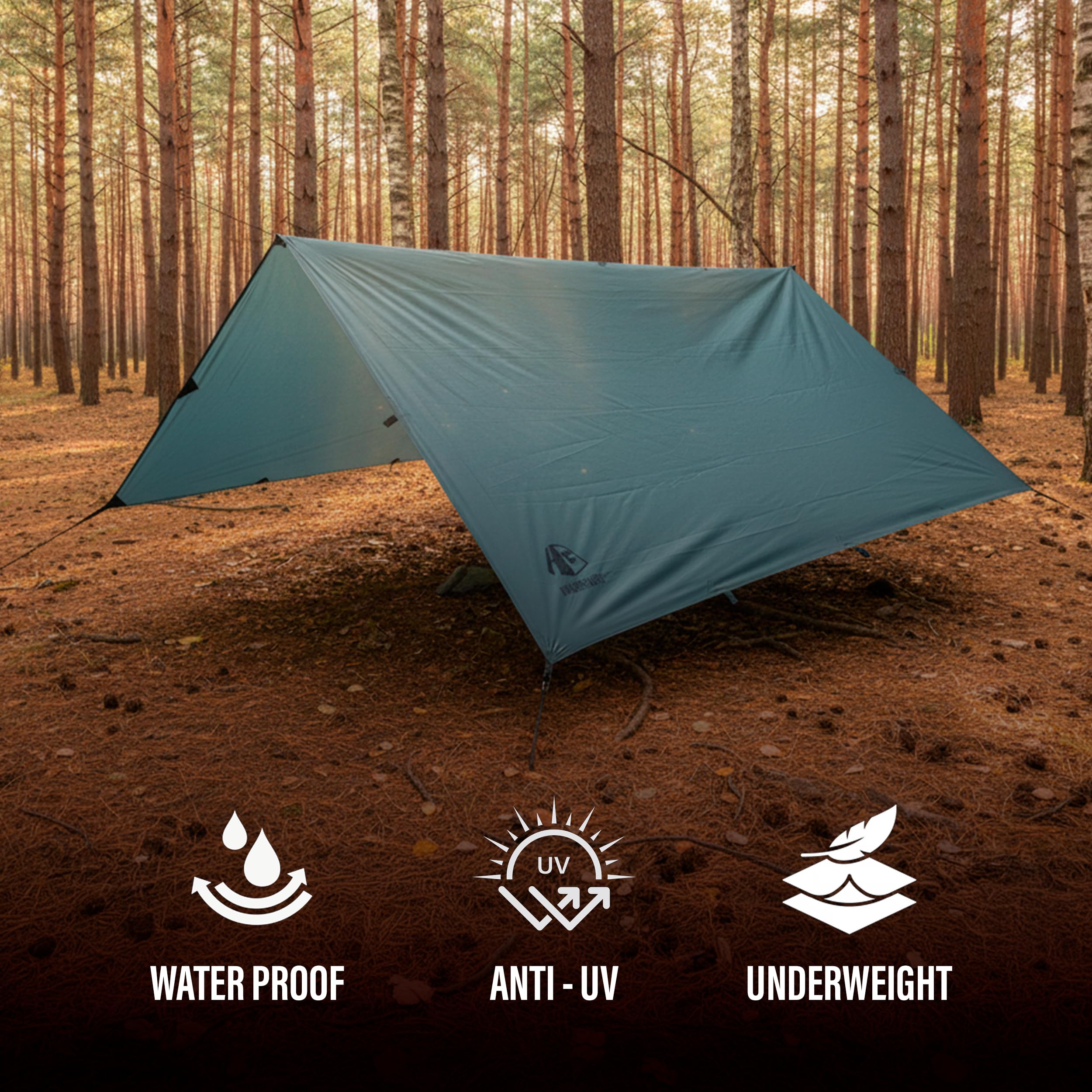 HIKERGEARS tarp with aluminum stakes and reflective lines ready