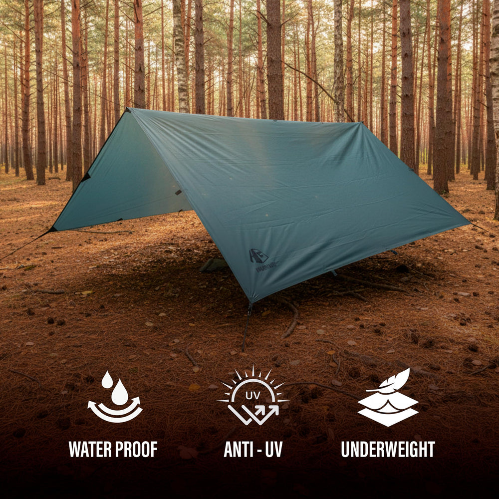 HIKERGEARS tarp with aluminum stakes and reflective lines ready