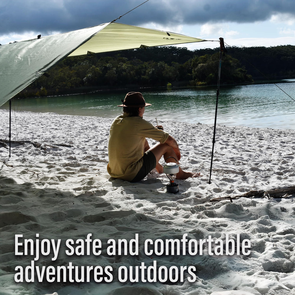 HIKERGEARS tarp ridgeline with reinforced tie-outs on rugged ground