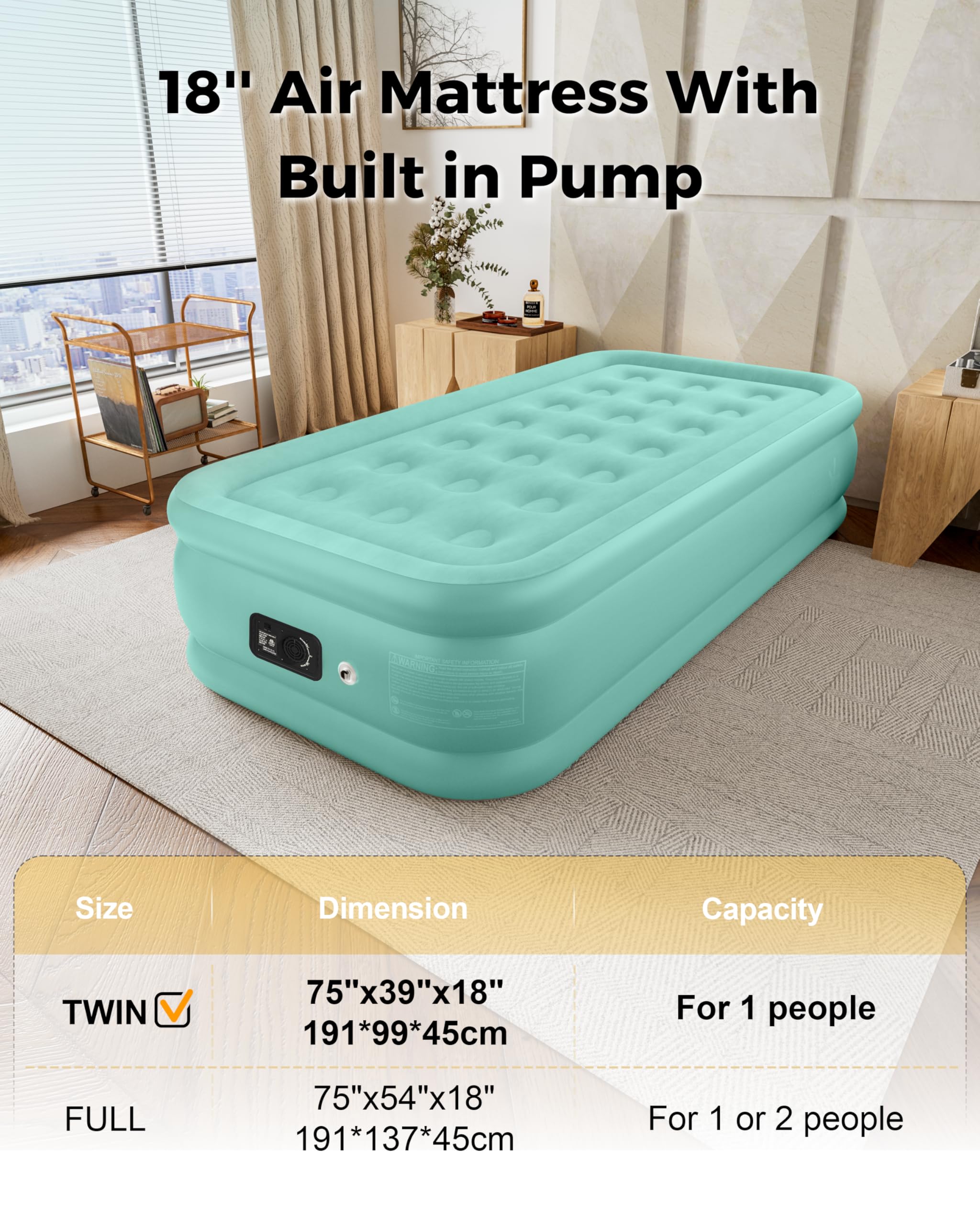 HikerSKY 18in queen turquoise-green flocking highlights soft comfort and stylish surface.