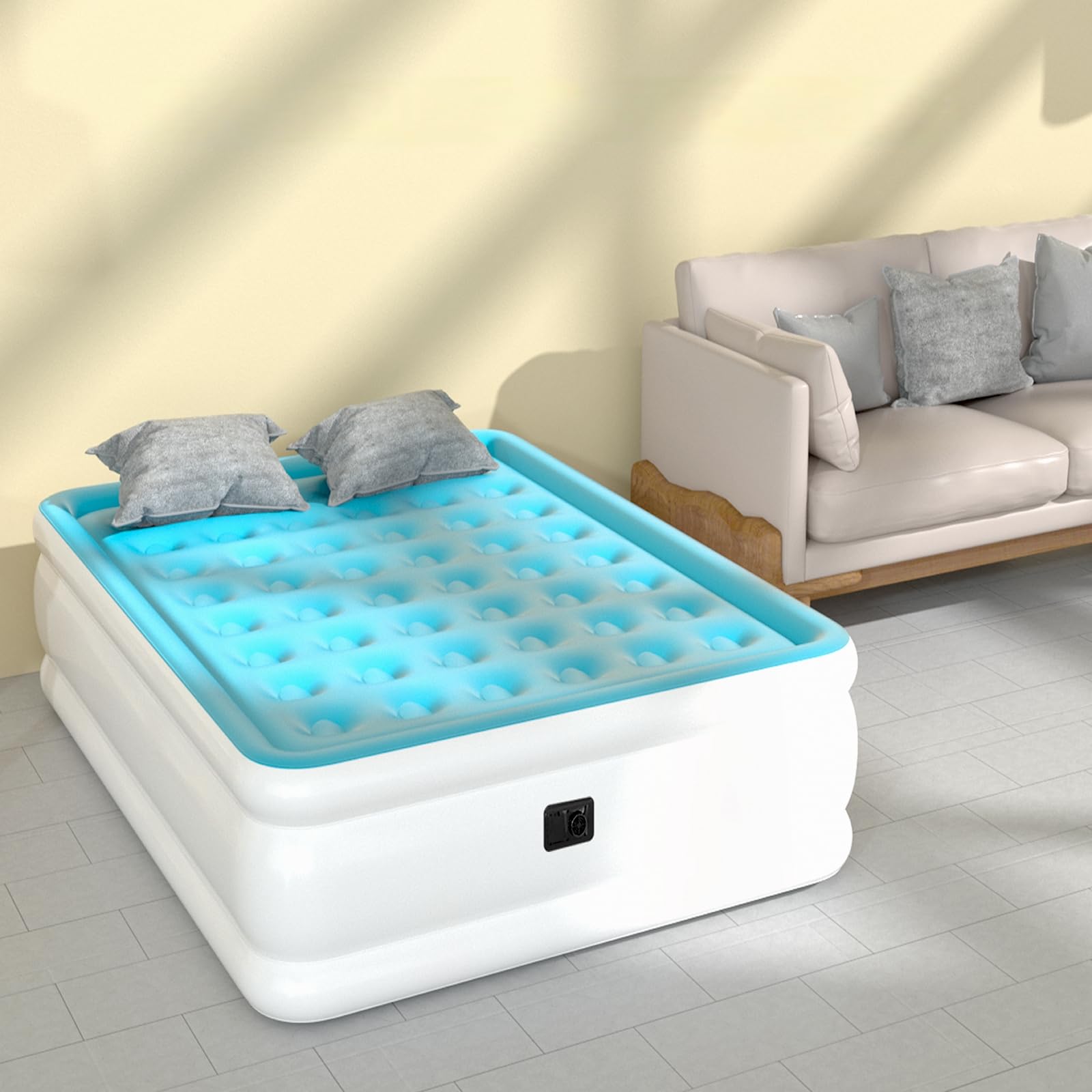 HikerSKY queen air mattress dual chambers inflate together for even support.