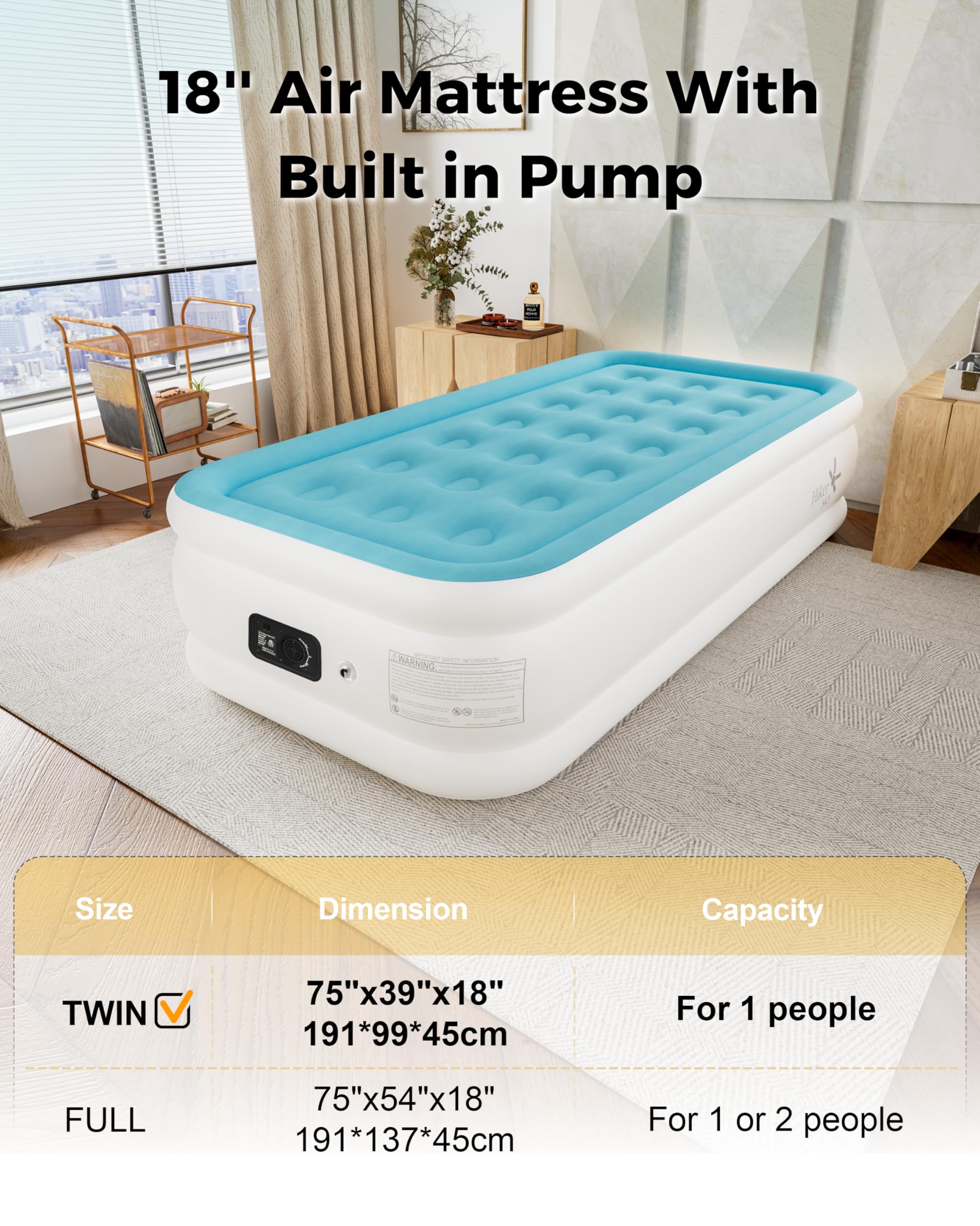 HikerSKY twin air mattress storage bag shown for easy portability and compact storage.