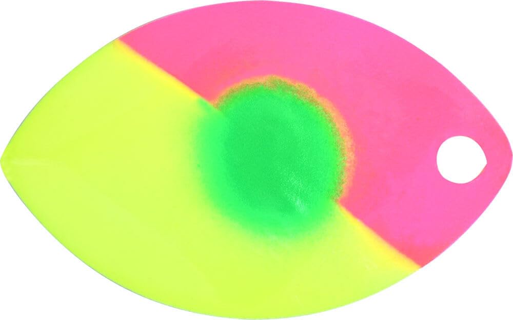 Hildebrandt Yakima Bait Mulkeys Mini Guide Flash Spinner Blade in pink chartreuse attracts fish with flashing vibration.