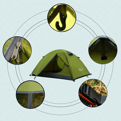 Hillman green 3-person tent aluminum rods close-up shows sturdy support.