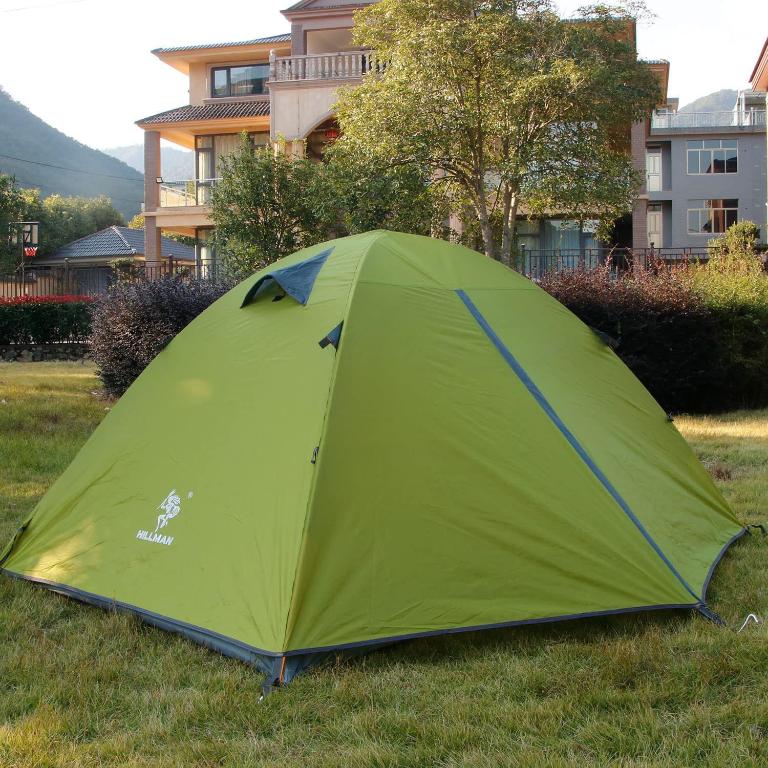 Hillman tent waterproof seams and taped seals promise dry interior during showers.