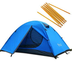 Hillman Outdoors 2-Person blue tent exterior showcases quick setup and weather resistance.