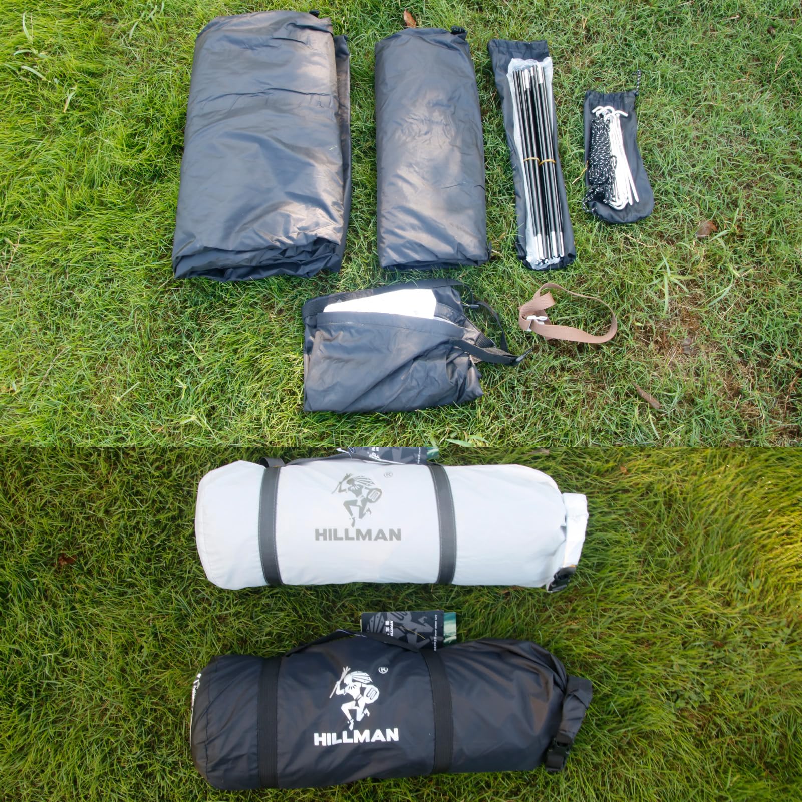 Hillman tent packaging contents include inner tent, rain cover, and stakes for easy setup.