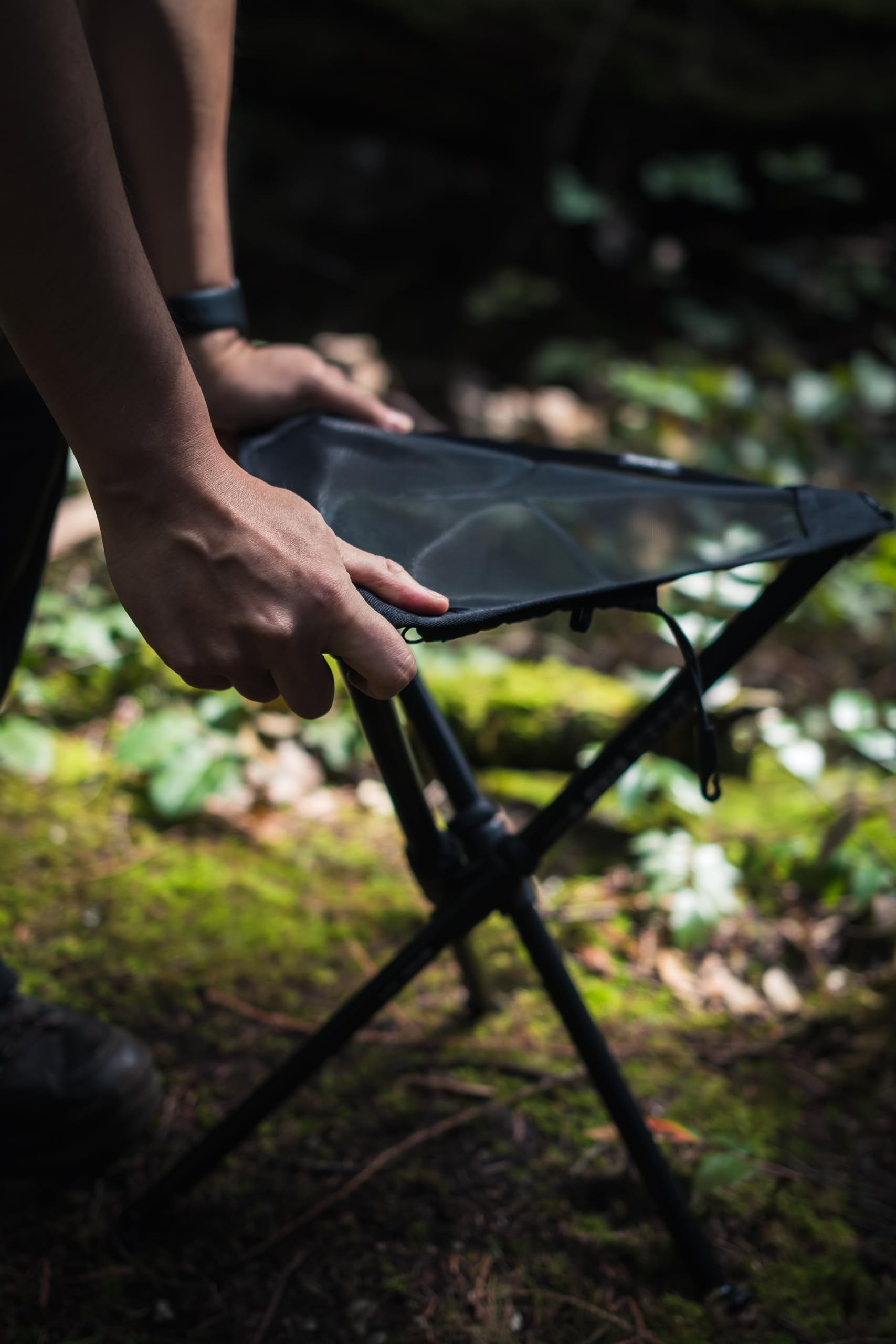 Hillsound BTR stool folded compact for easy packing in a pack or bike cage.