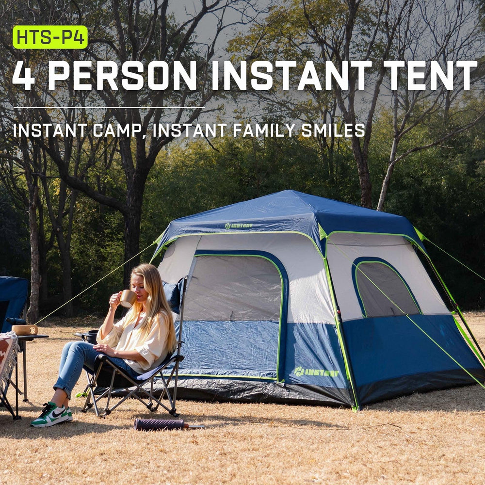 HINSTANT family camping scene with wind-stable stakes and gear