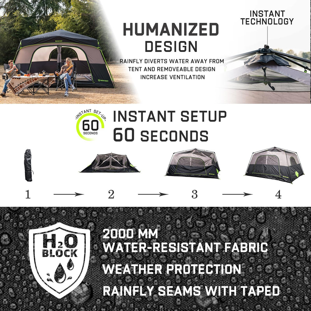Interior view of HINSTANT tent with 85-inch ceiling for two queen air mattresses