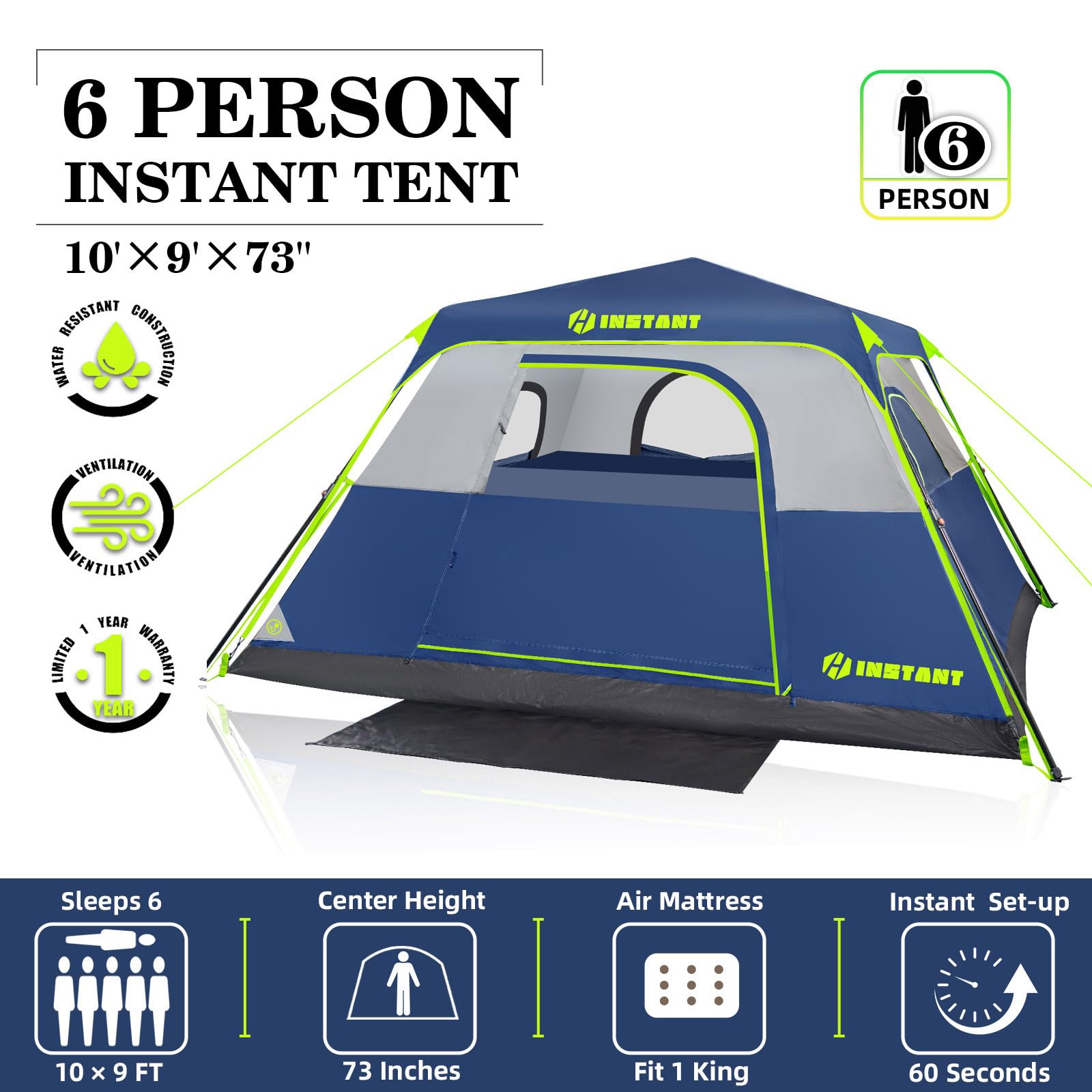 HINSTANT spacious interior 6-8 person demonstrates king-size air mattress fit for comfortable family camping.