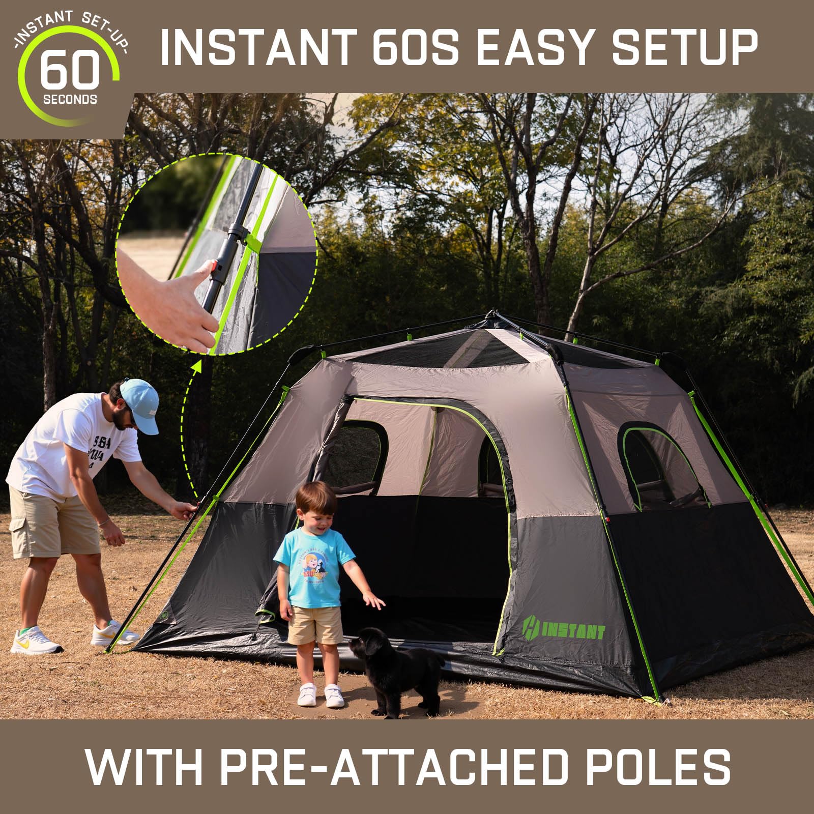 HINSTANT tent excellent-views-ventilation large mesh windows promote airflow.