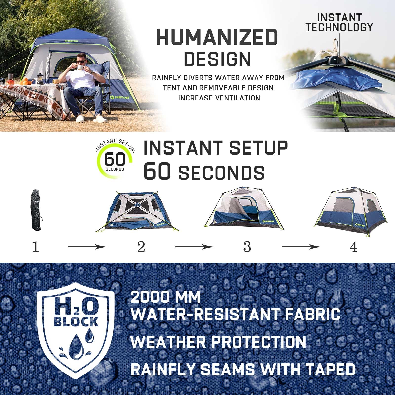 HINSTANT waterproof rainfly with taped seams and sturdy ground protection