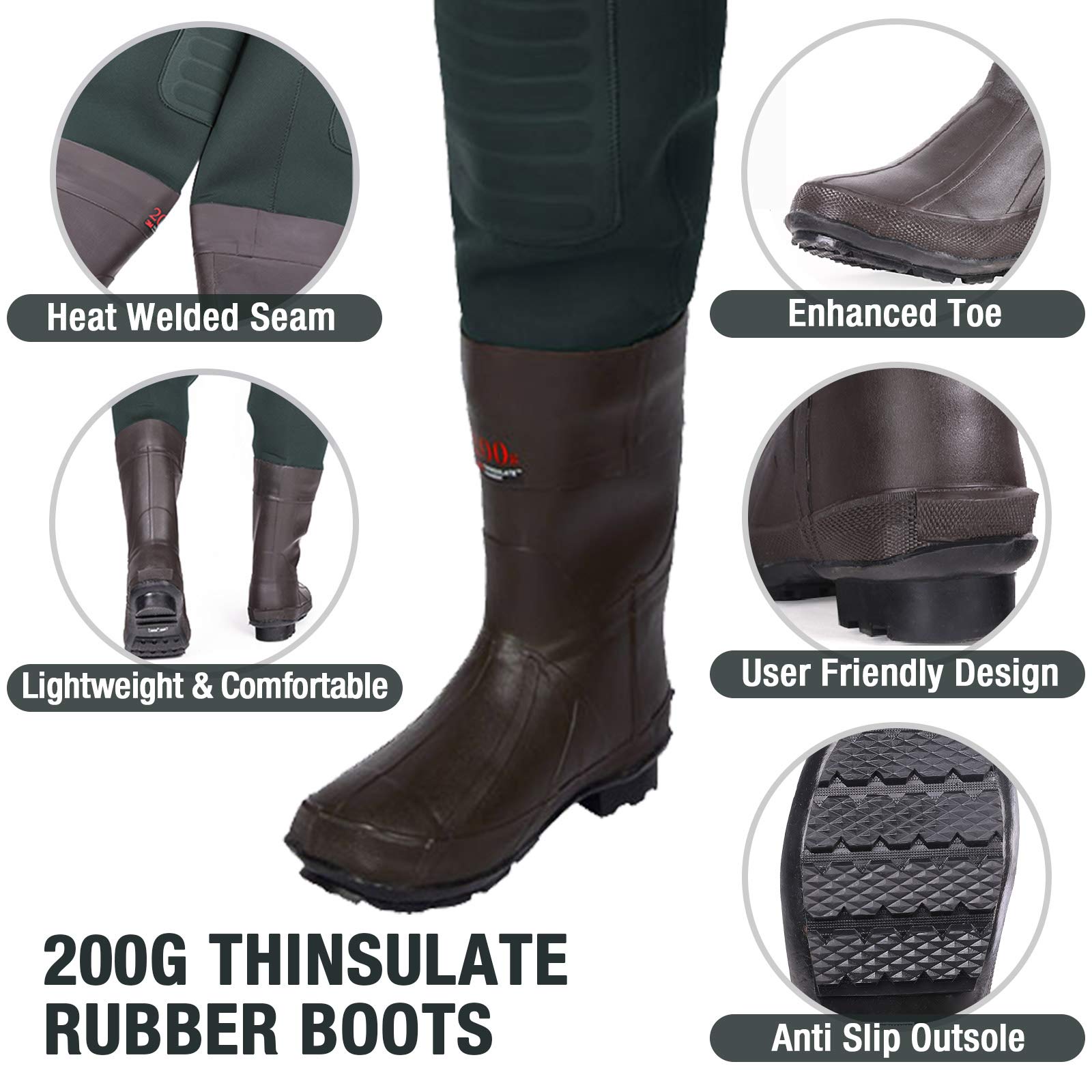 HISEA 200g Thinsulate insulated rubber boots keep feet warm