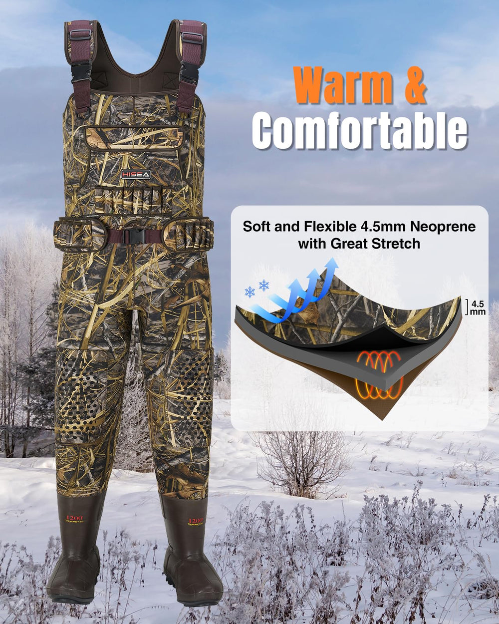 HISEA hunting waders adjustable shoulder straps simplify wearing and removal.