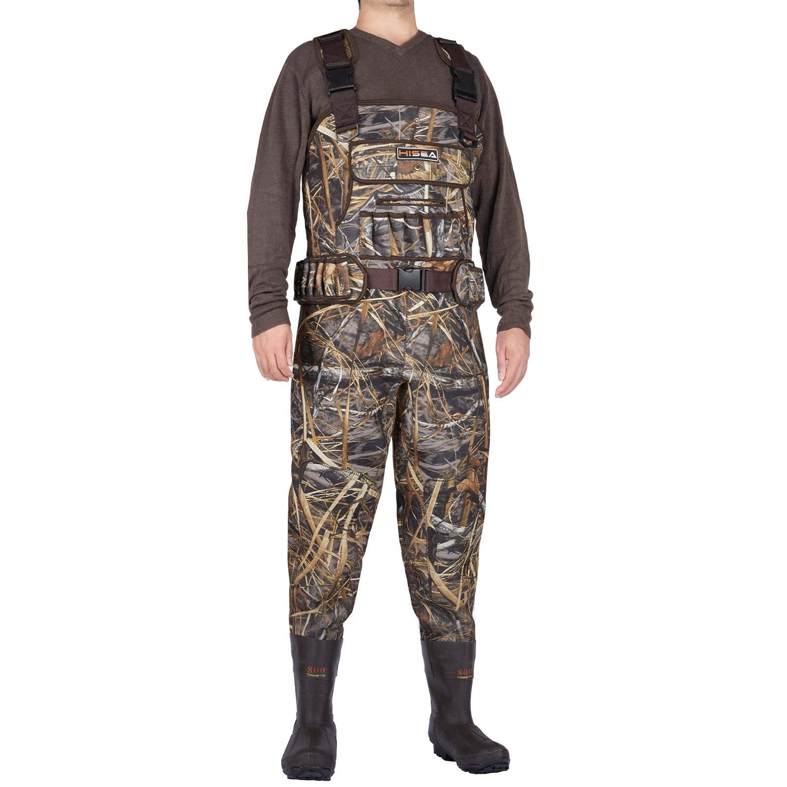 HISEA hunting waders in action on muddy banks demonstrate durable waterproof performance.