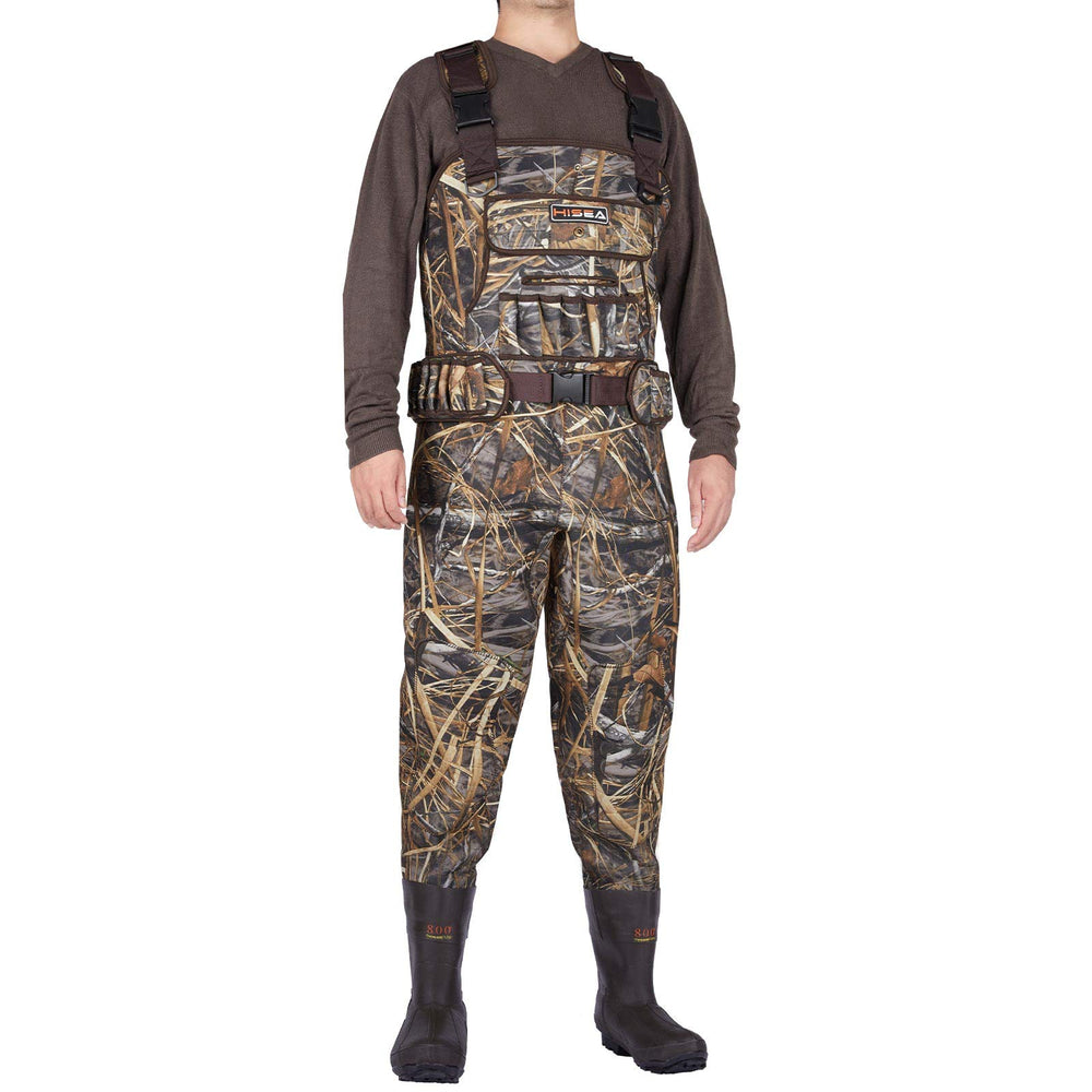 HISEA hunting waders in action on muddy banks demonstrate durable waterproof performance.