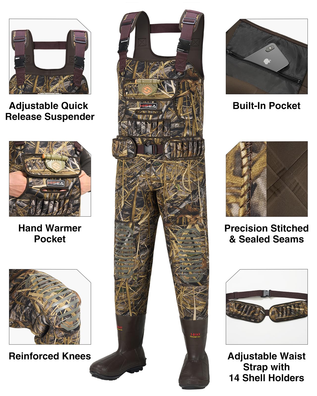 HISEA waders knee-protection view highlighting rugged knee protection