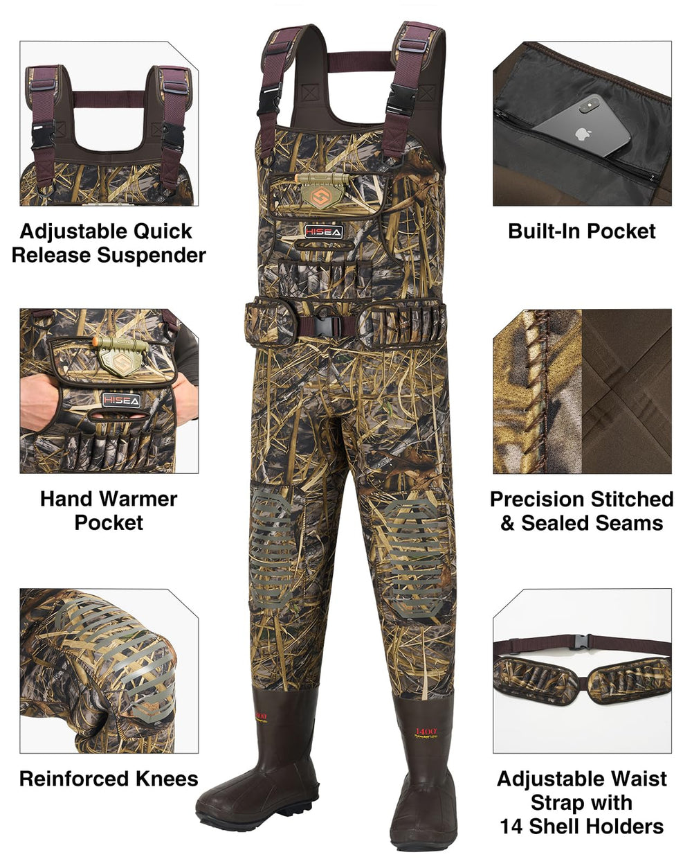 HISEA waders knee-protection view highlighting rugged knee protection