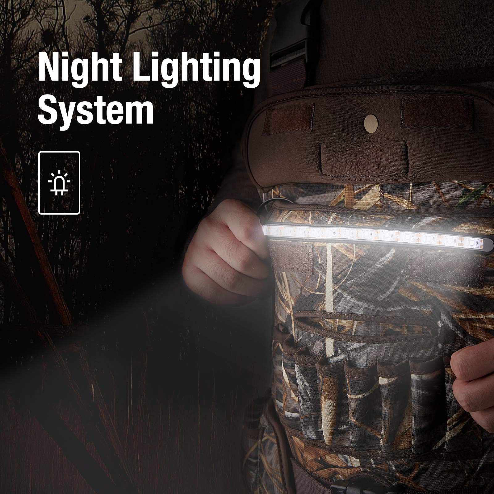 HISEA waders LED light system aids visibility during dawn hunts.
