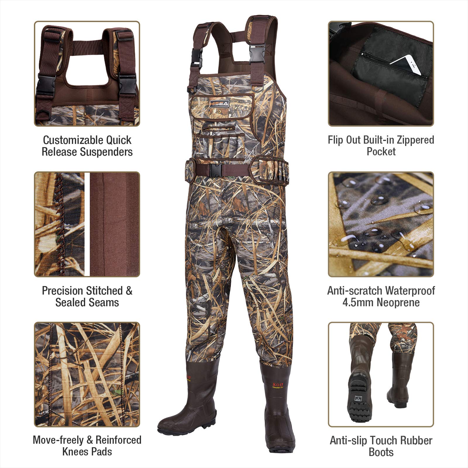 HISEA hunting waders neoprene leg design offers flexible movement in marshy environments.