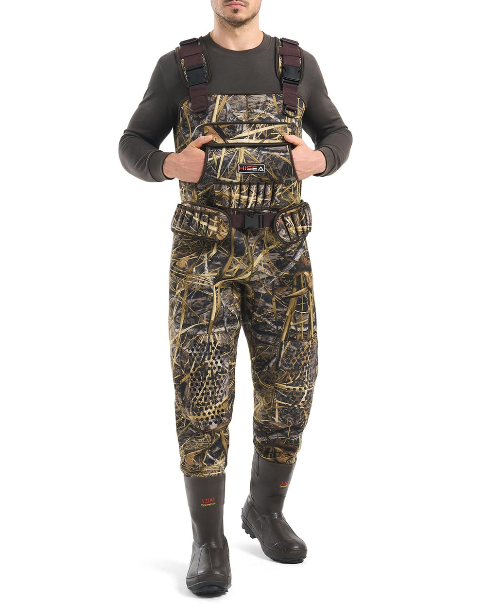 HISEA hunting waders NEXT CAMO EVO pattern helps blend into hunting environments.