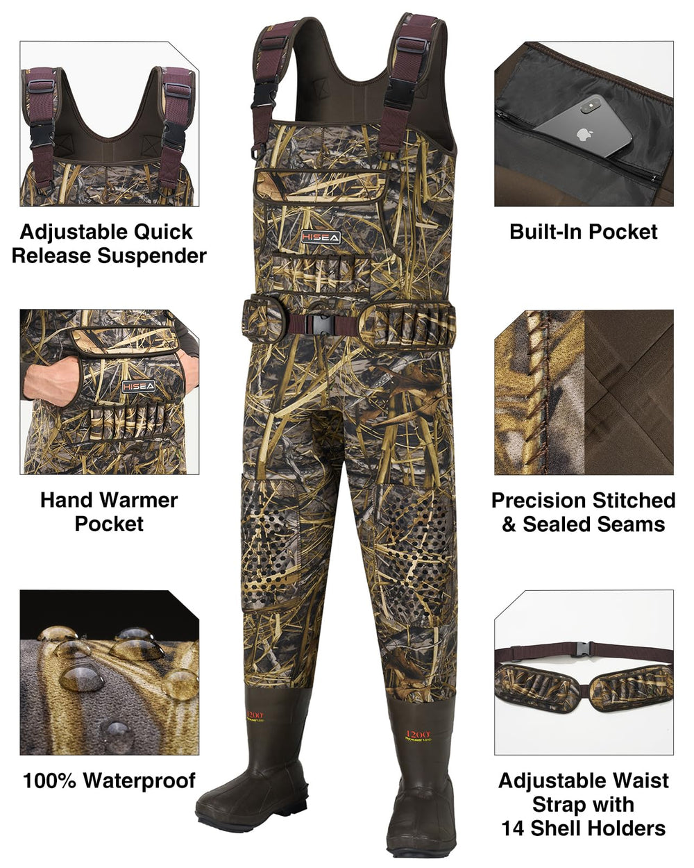 HISEA hunting waders waterproof seams ensure dry performance in wet conditions.