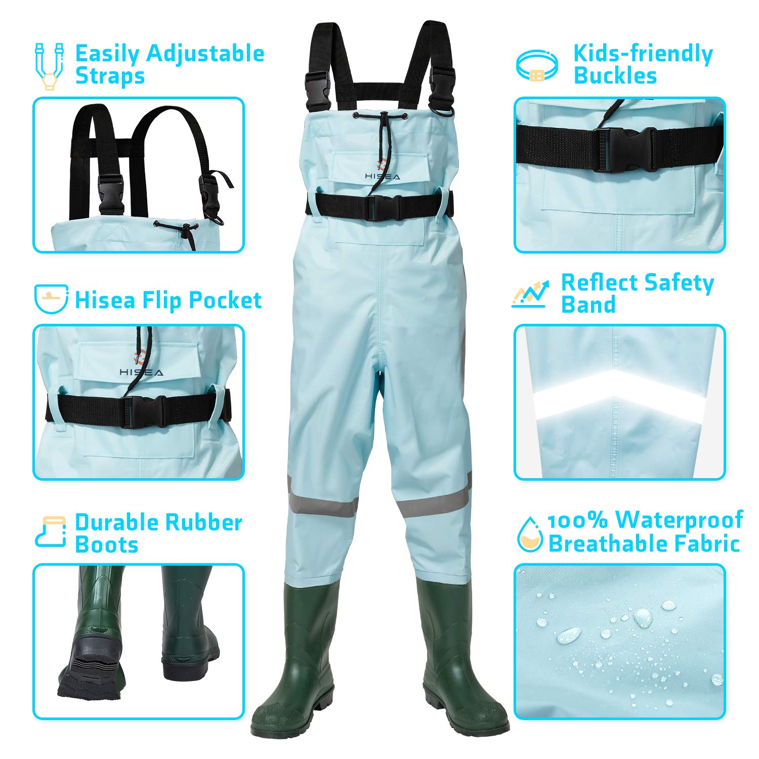 HISEA Kids Chest Waders back view highlighting reinforced seams for durability.