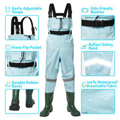 HISEA Kids Chest Waders back view highlighting reinforced seams for durability.