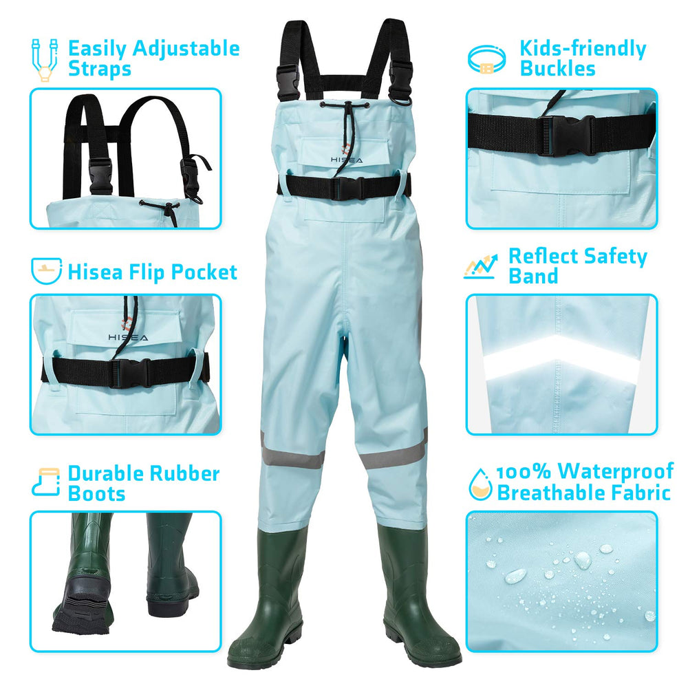 HISEA Kids Chest Waders boot attachment keeps feet dry during riverside explorations.
