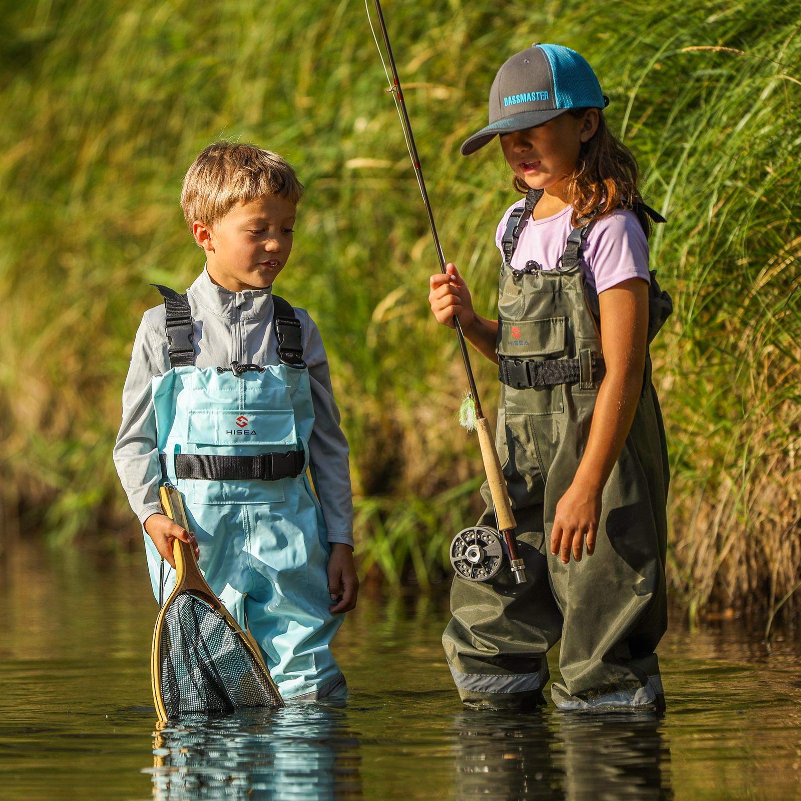 HISEA kids chest waders' cleated boots provide better balance on wet, muddy surfaces.