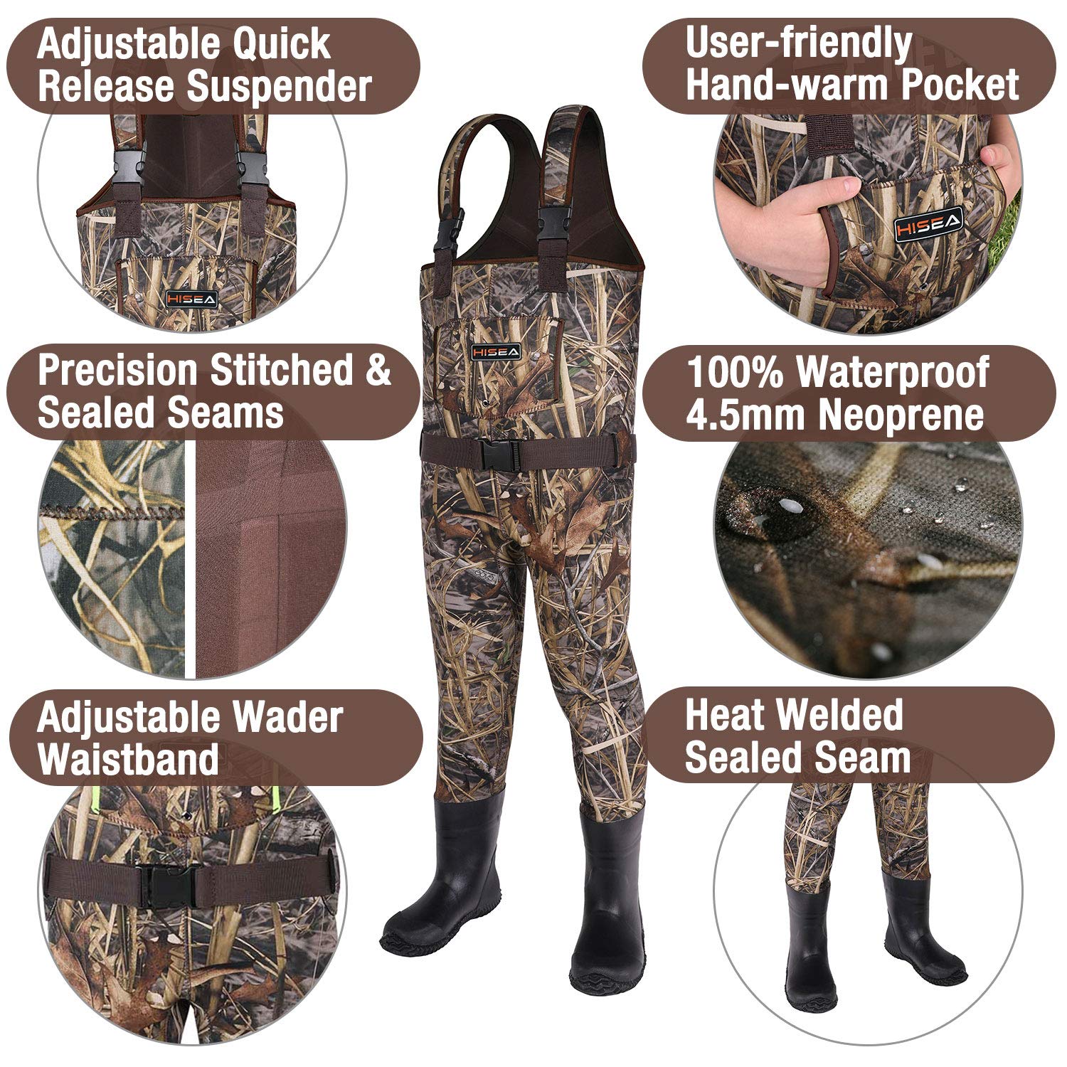 HISEA neoprene bootfoot waders shown for flexible splash play