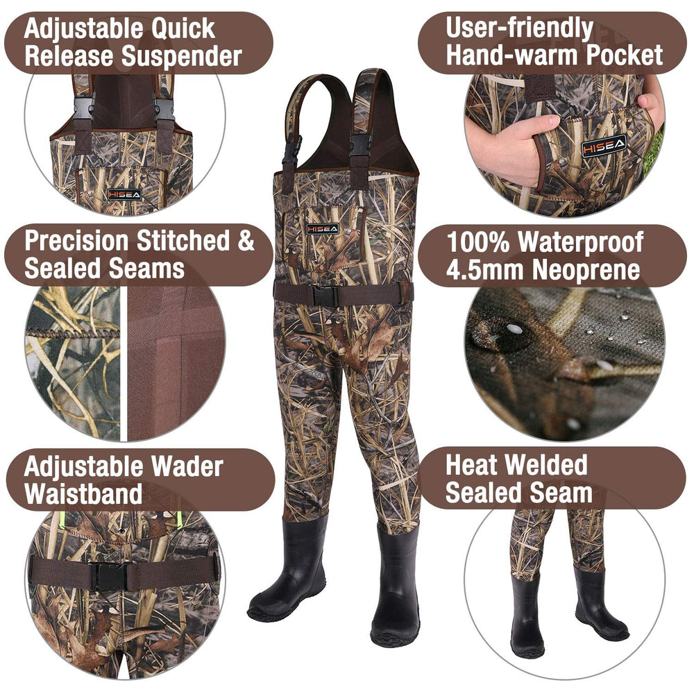 HISEA neoprene bootfoot waders shown for flexible splash play