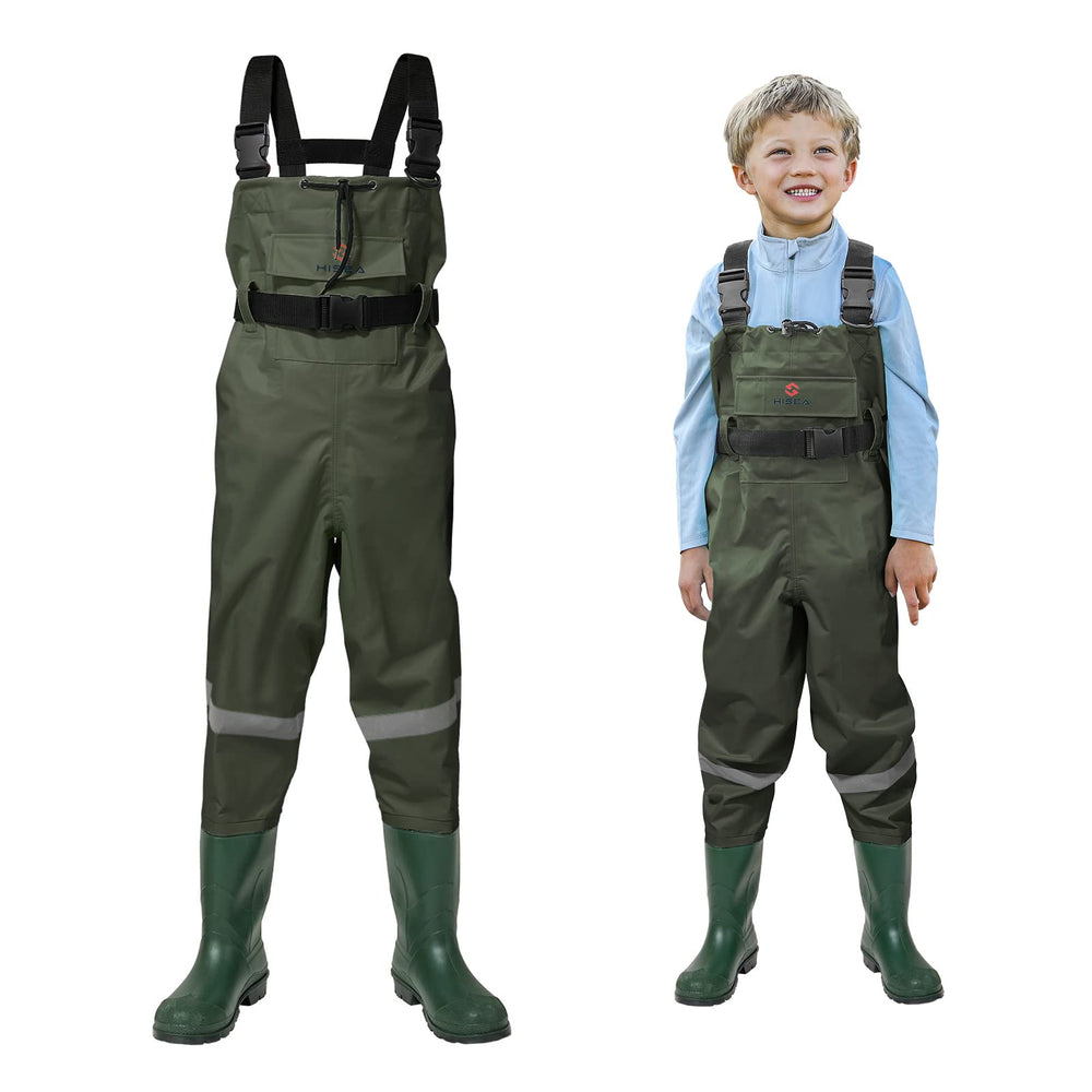 HISEA kids chest waders with nylon upper keep little anglers dry during muddy creek adventures.