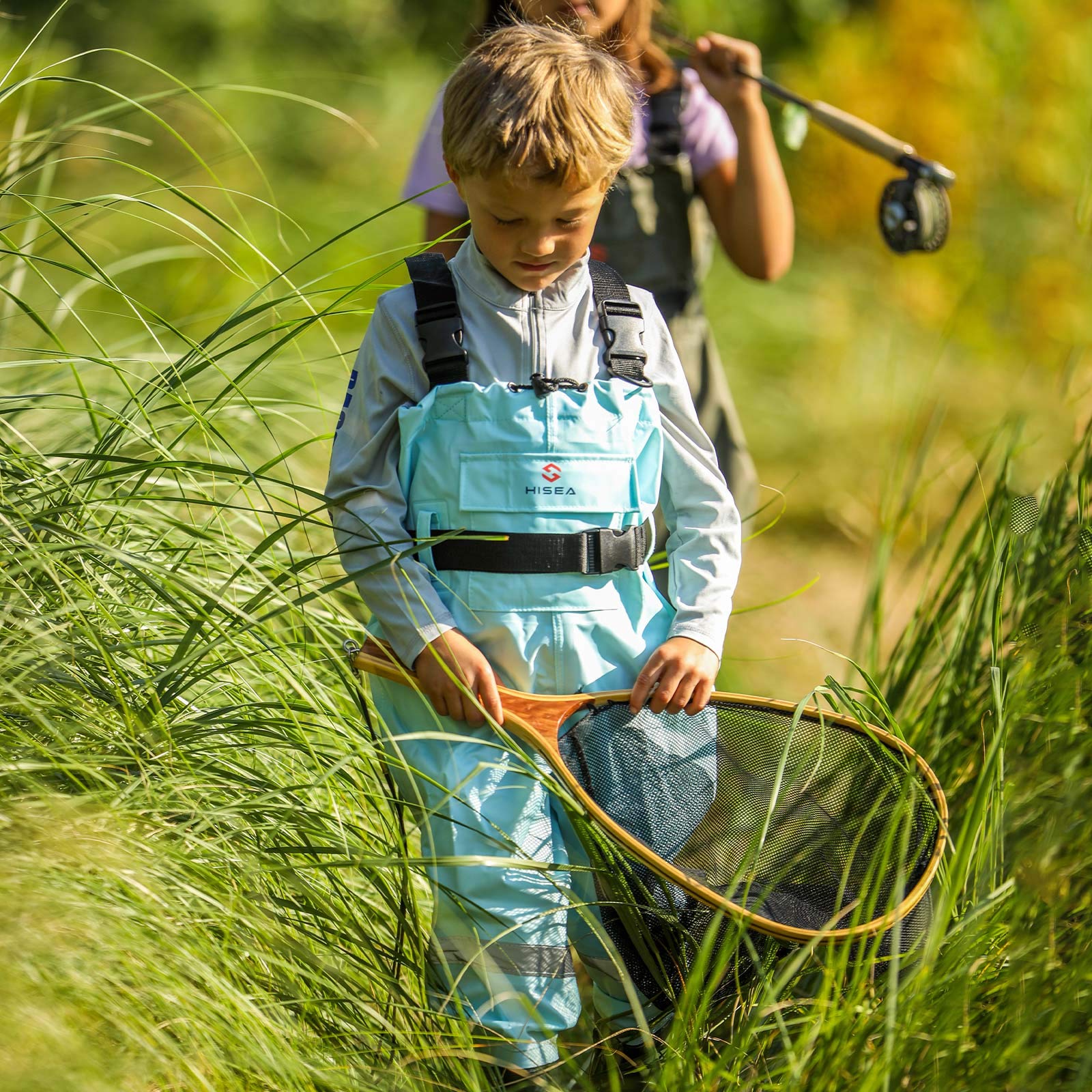 HISEA Kids Chest Waders reflect safety band for visibility in low light.