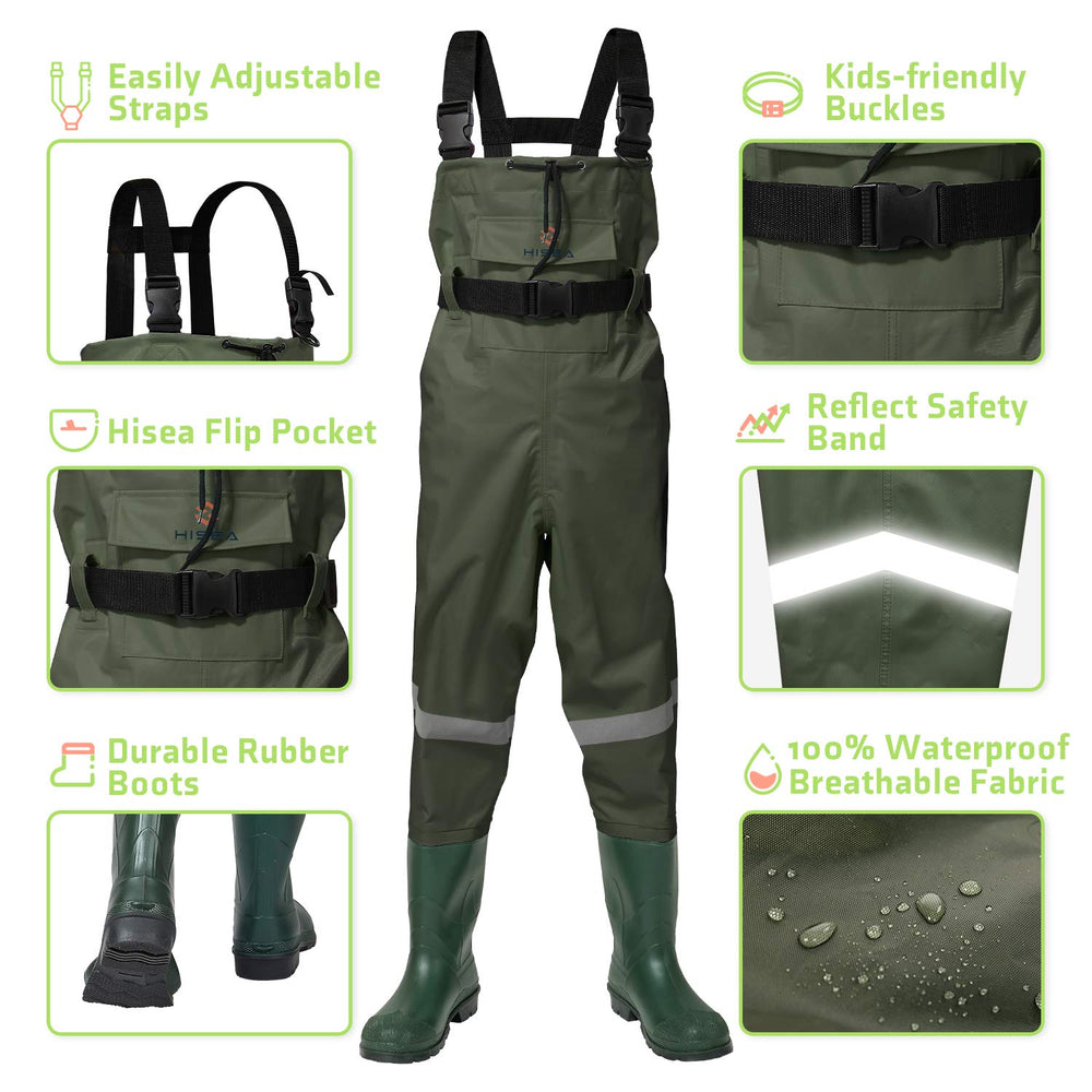 HISEA kids chest waders show adjustable suspenders for easy on/off and secure fit.