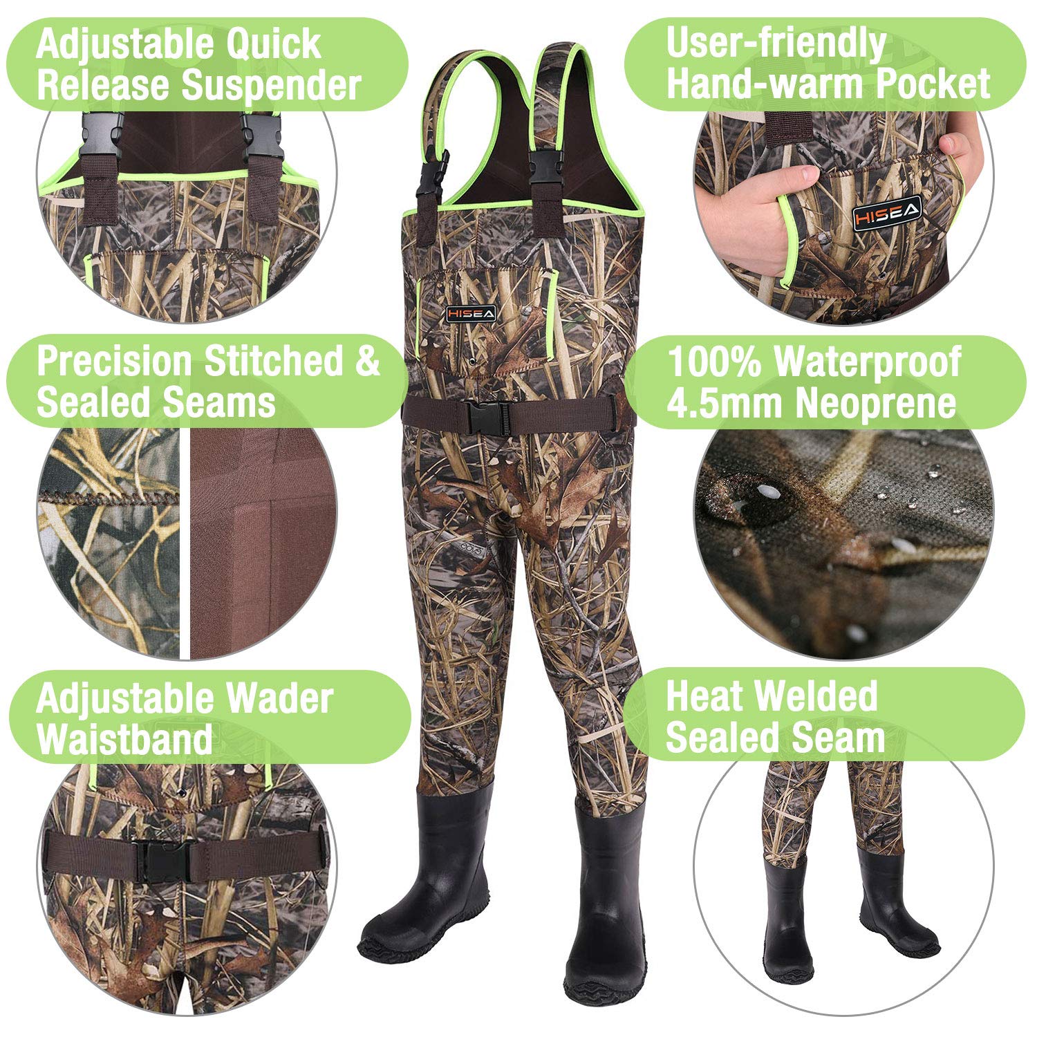 HISEA kids chest waders showing waterproof seams for dry puddle adventures