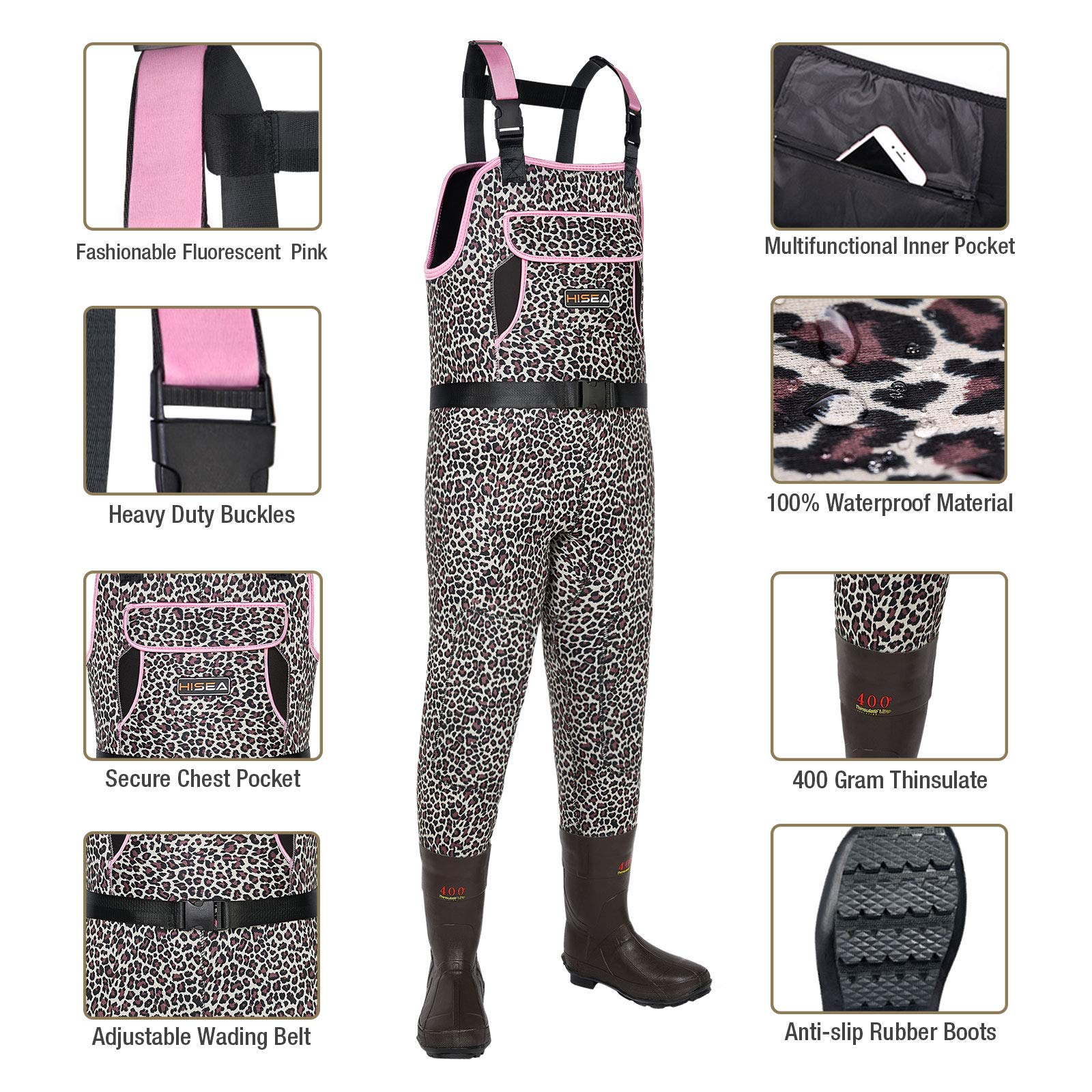 HISEA leopard print chest waders bootfoot close-up shows cleated traction for muddy fields.