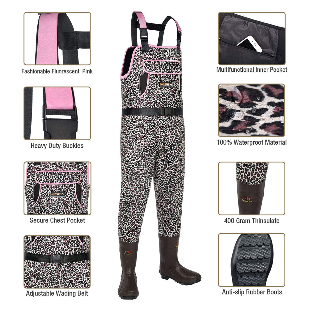 HISEA leopard print chest waders bootfoot close-up shows cleated traction for muddy fields.