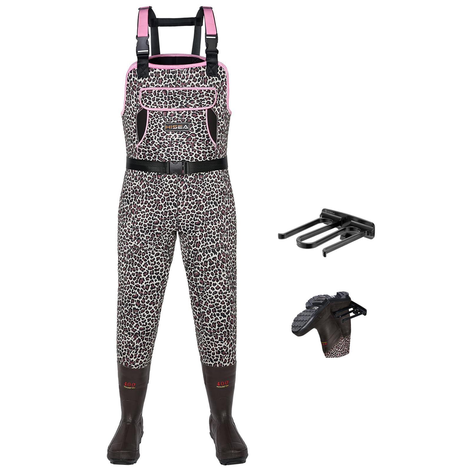 HISEA leopard print chest waders full setup for outdoor hunting and wet conditions.
