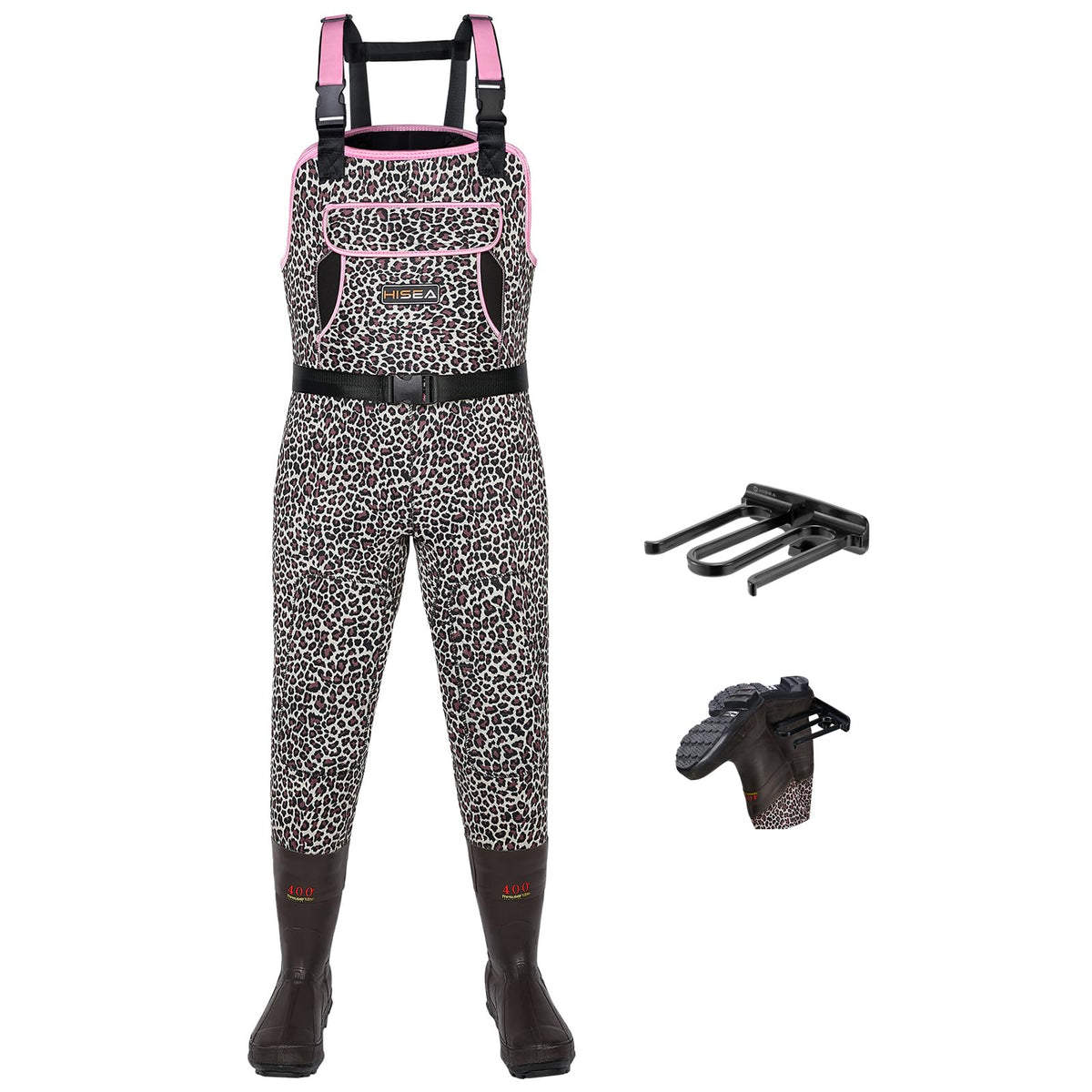 HISEA leopard print chest waders full setup for outdoor hunting and wet conditions.