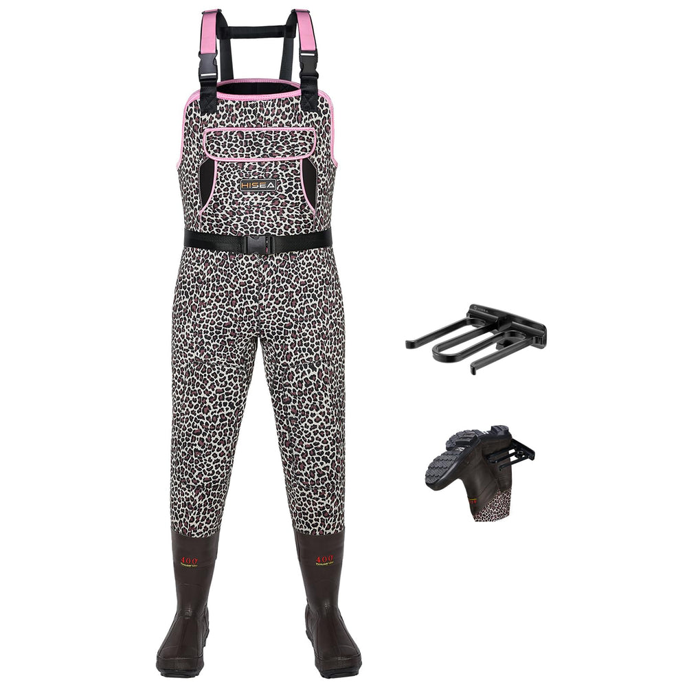 HISEA leopard-print chest waders for women keep you dry in wet hunting conditions