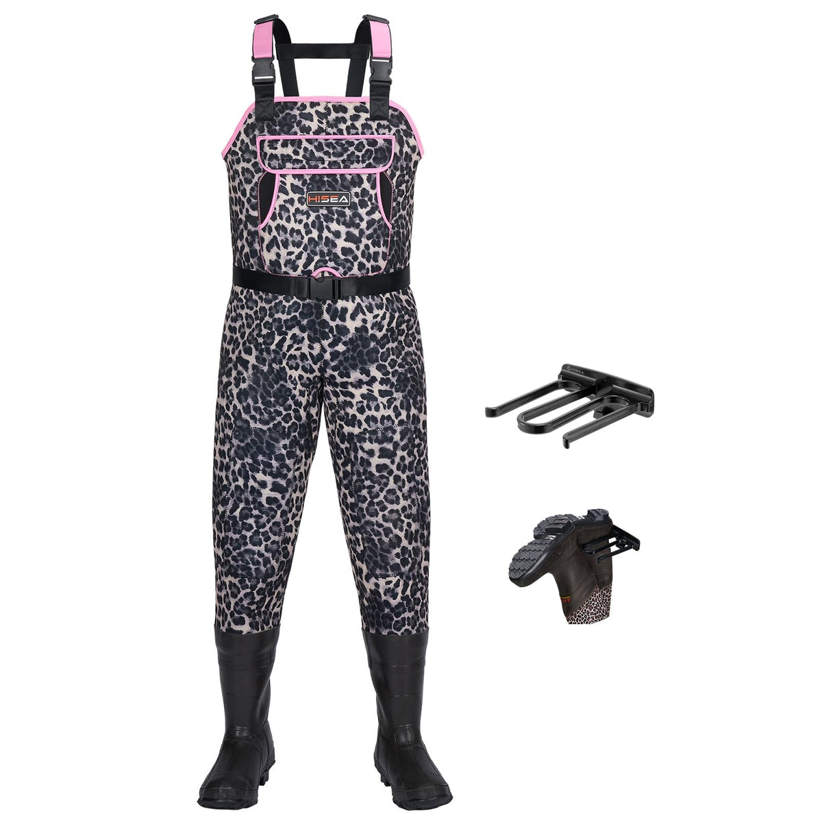 HISEA leopard-print chest waders for women provide waterproof protection for hunting and fishing.