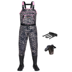 HISEA leopard-print chest waders for women provide waterproof protection for hunting and fishing.