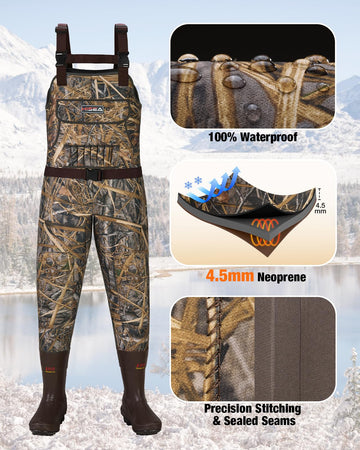 HISEA Womens Chest Waders knee pads detail highlights durable protection against rugged terrain.